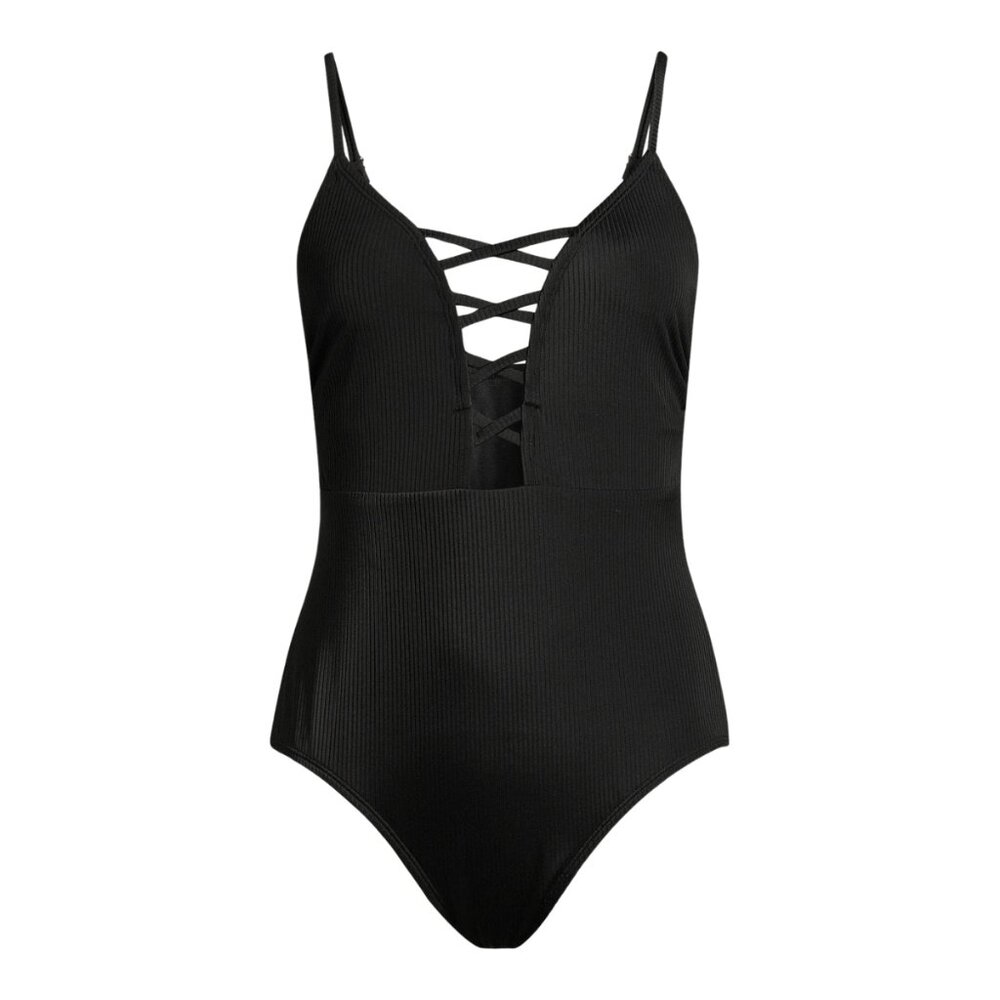 Lace Up One Piece Swimsuit, Black - Picture 5 of 6